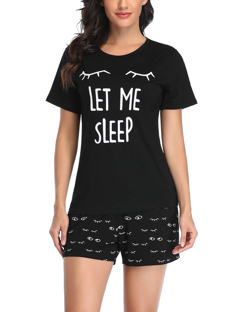 EISHOPEER Pajamas for Women Set Cute Cat Sleepwear Pajama Sleep Set Black L - Image 1